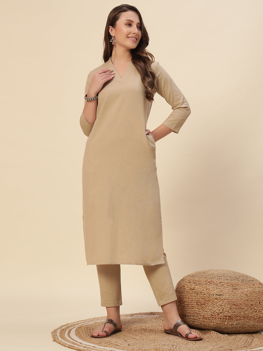 Thread Plus Cotton Flax Set Straight Kurti With Pant In Beige Color For Women