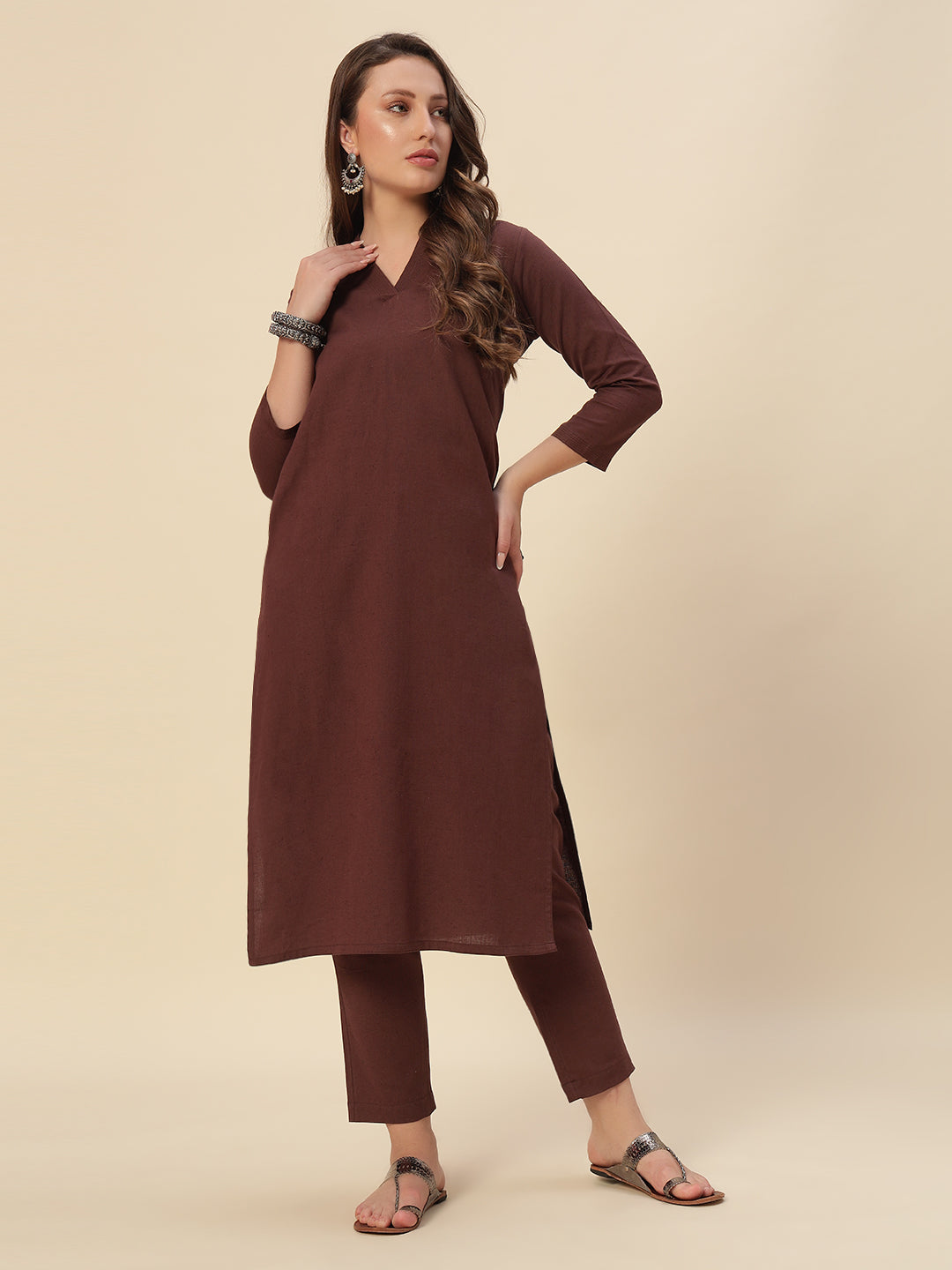 Thread Plus Cotton Flax Set Straight Kurti With Pant In Coffee Color For Women