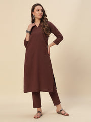 Thread Plus Cotton Flax Set Straight Kurti With Pant In Coffee Color For Women