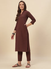 Thread Plus Cotton Flax Set Straight Kurti With Pant In Coffee Color For Women