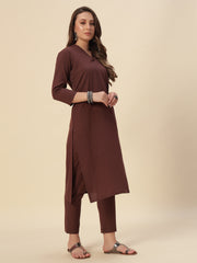 Thread Plus Cotton Flax Set Straight Kurti With Pant In Coffee Color For Women