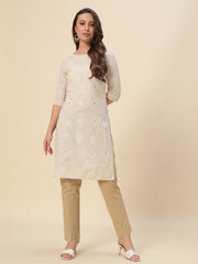 Thread Plus Cotton Flax Kurti Pants for Women Beige