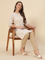 Thread Plus Cotton Flax Kurti Pants for Women Beige