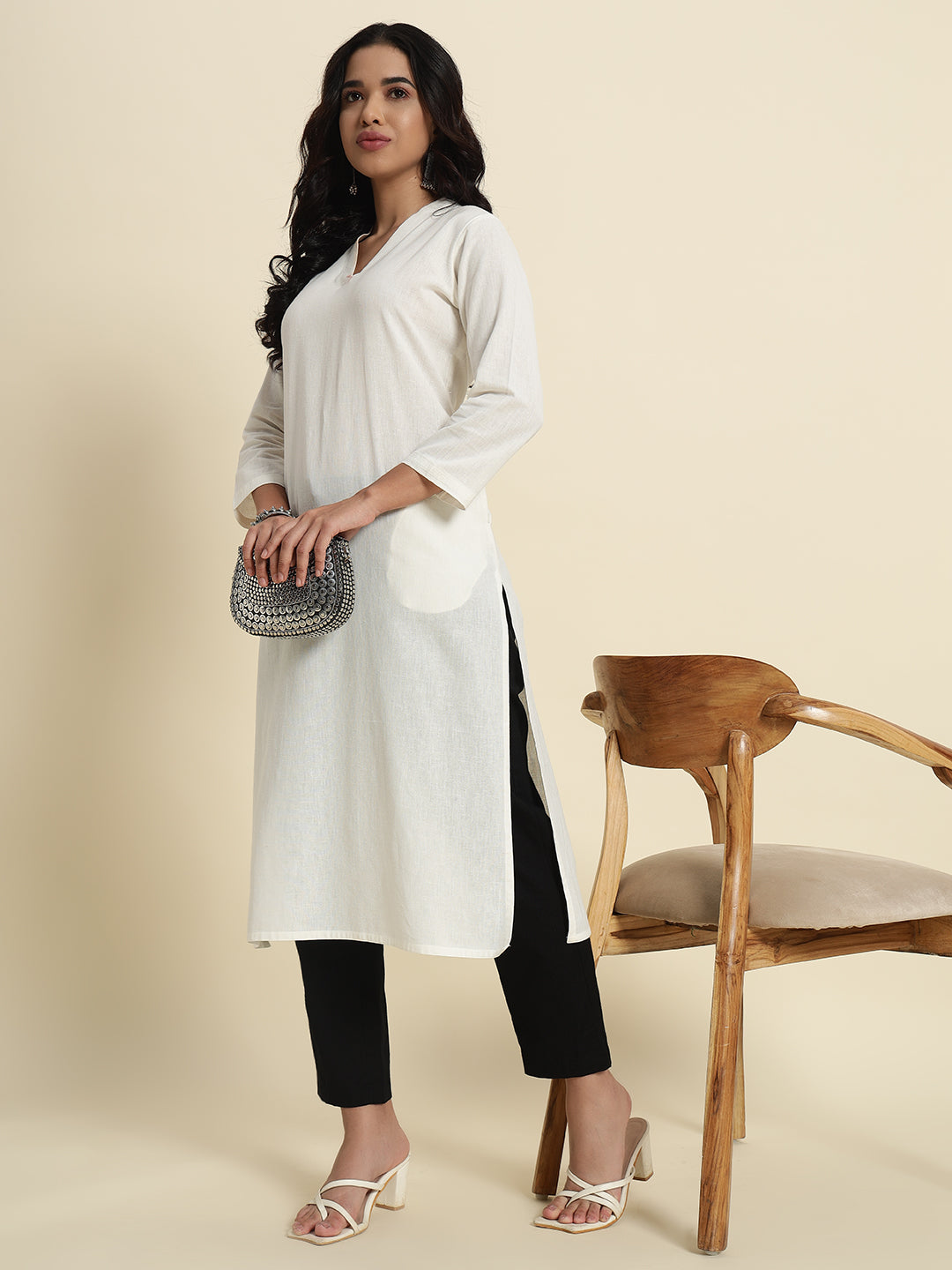 Thread Plus Cotton Flax Straight Kurti In Off White Color For Women