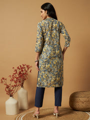 Women's Cambric Cotton Straight Kurtis with Steel Blue Floral Print