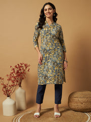 Women's Cambric Cotton Straight Kurtis with Steel Blue Floral Print