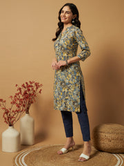 Women's Cambric Cotton Straight Kurtis with Steel Blue Floral Print