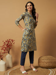 Women's Cambric Cotton Straight Kurtis with Steel Blue Floral Print