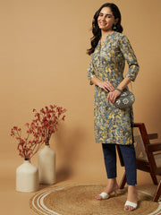 Women's Cambric Cotton Straight Kurtis with Steel Blue Floral Print