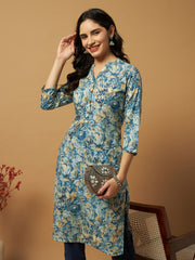 Women's Cambric Cotton Straight Pocket Kurtis with Teal Blue Floral Print