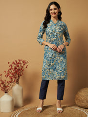 Women's Cambric Cotton Straight Pocket Kurtis with Teal Blue Floral Print