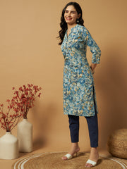 Women's Cambric Cotton Straight Pocket Kurtis with Teal Blue Floral Print