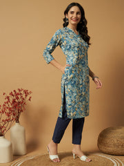 Women's Cambric Cotton Straight Pocket Kurtis with Teal Blue Floral Print