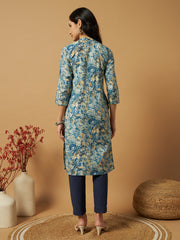 Women's Cambric Cotton Straight Pocket Kurtis with Teal Blue Floral Print