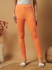 Thread Plus Ankle Length Super Stretchable Solid Cotton Leggings For Women Peach