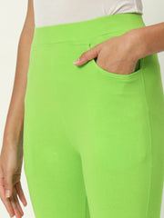 Thread Plus D Pocket Stretchable Solid Cotton Pants for Parrot Green