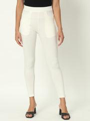 Thread Plus D Pocket Stretchable Solid Cotton Pants for Women Off White