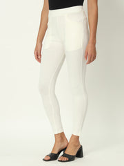 Thread Plus D Pocket Stretchable Solid Cotton Pants for Women Off White