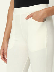 Thread Plus D Pocket Stretchable Solid Cotton Pants for Women Off White