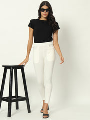 Thread Plus D Pocket Stretchable Solid Cotton Pants for Women Off White