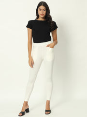 Thread Plus D Pocket Stretchable Solid Cotton Pants for Women Off White