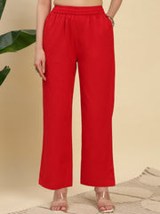 Red Cotton Flax Fabric Regular Fit V-Neck Co-Ord Set for Women