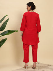 Red Cotton Flax Fabric Regular Fit V-Neck Co-Ord Set for Women