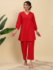 Red Cotton Flax Fabric Regular Fit V-Neck Co-Ord Set for Women