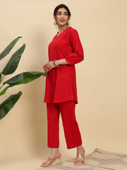 Red Cotton Flax Fabric Regular Fit V-Neck Co-Ord Set for Women