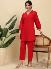 Red Cotton Flax Fabric Regular Fit V-Neck Co-Ord Set for Women