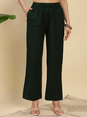 Bottle Green Cotton Flax Fabric Regular Fit V-Neck Co-Ord Set for Women