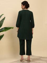 Bottle Green Cotton Flax Fabric Regular Fit V-Neck Co-Ord Set for Women