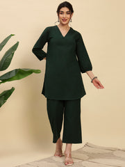 Bottle Green Cotton Flax Fabric Regular Fit V-Neck Co-Ord Set for Women