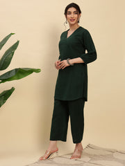 Bottle Green Cotton Flax Fabric Regular Fit V-Neck Co-Ord Set for Women