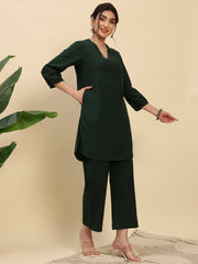 Bottle Green Cotton Flax Fabric Regular Fit V-Neck Co-Ord Set for Women