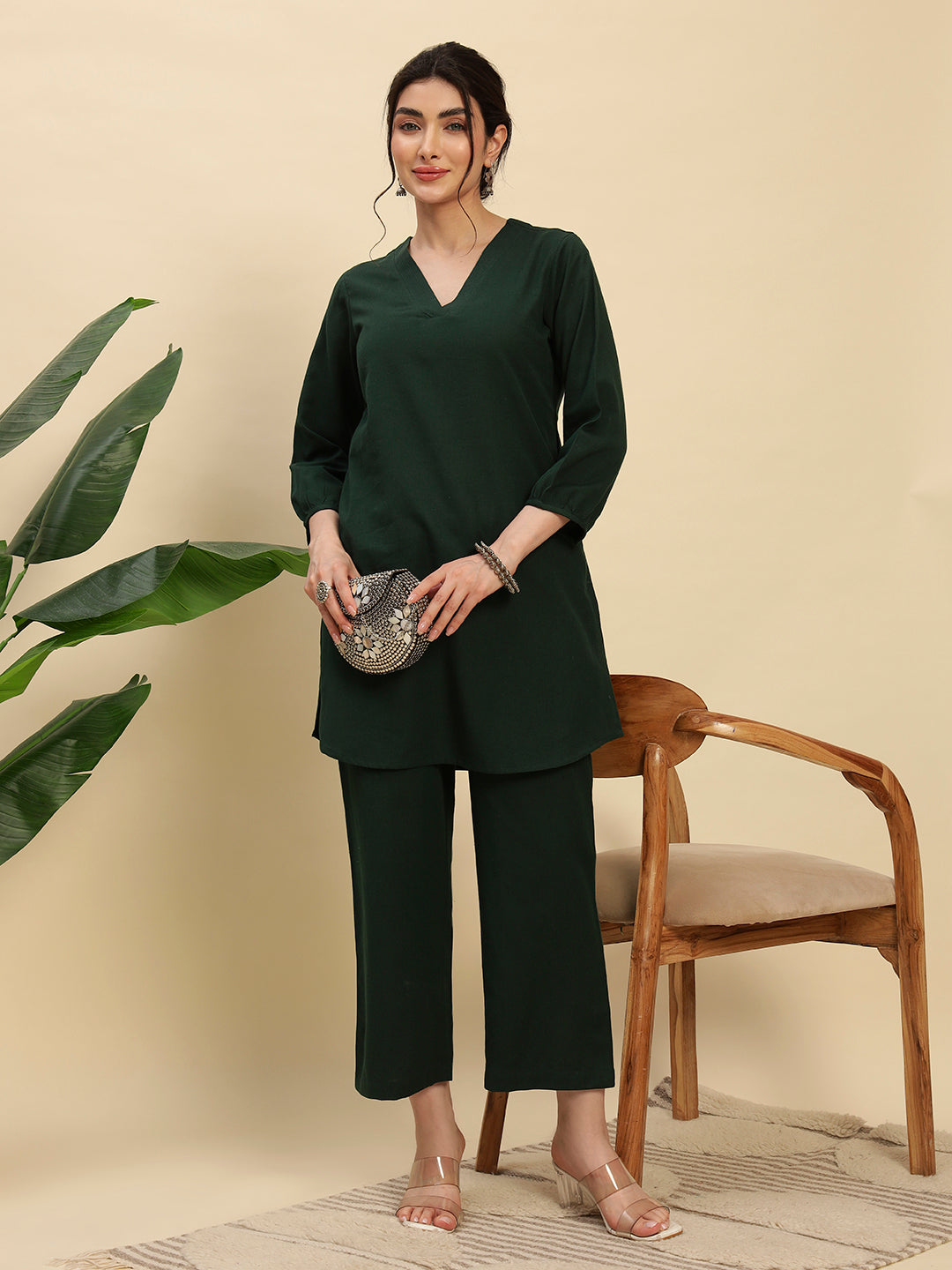 Bottle Green Cotton Flax Fabric Regular Fit V-Neck Co-Ord Set for Women