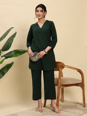 Bottle Green Cotton Flax Fabric Regular Fit V-Neck Co-Ord Set for Women