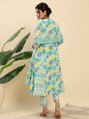 High-quality Rajwada Anarkali 12 Kali Kurti Pant Dupatta set with a floral print in pure cotton