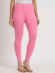 Thread Plus Ankle Length Super Stretchable Solid Cotton Leggings For Women Rose Pink