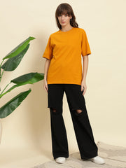Women's & girls' Mustard cotton oversized loose-fitting round-necked drop-shoulder t-shirt with solid half sleeves