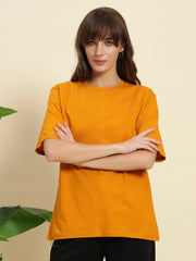 Women's & girls' Mustard cotton oversized loose-fitting round-necked drop-shoulder t-shirt with solid half sleeves
