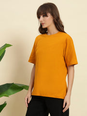 Women's & girls' Mustard cotton oversized loose-fitting round-necked drop-shoulder t-shirt with solid half sleeves
