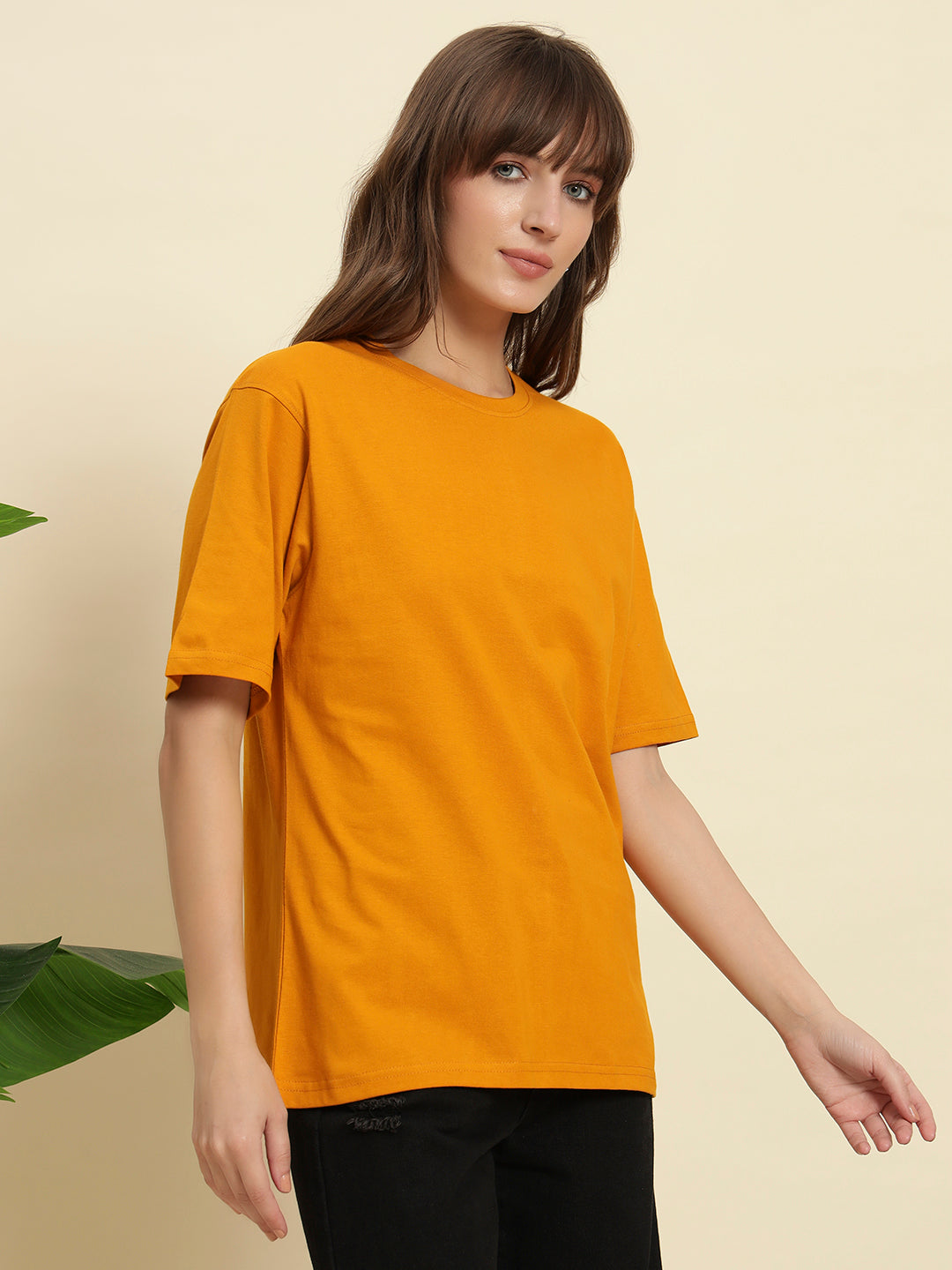Women's & girls' Mustard cotton oversized loose-fitting round-necked drop-shoulder t-shirt with solid half sleeves