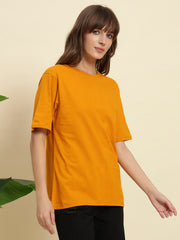Women's & girls' Mustard cotton oversized loose-fitting round-necked drop-shoulder t-shirt with solid half sleeves