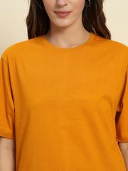 Women's & girls' Mustard cotton oversized loose-fitting round-necked drop-shoulder t-shirt with solid half sleeves