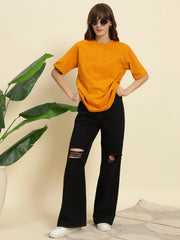 Women's & girls' Mustard cotton oversized loose-fitting round-necked drop-shoulder t-shirt with solid half sleeves