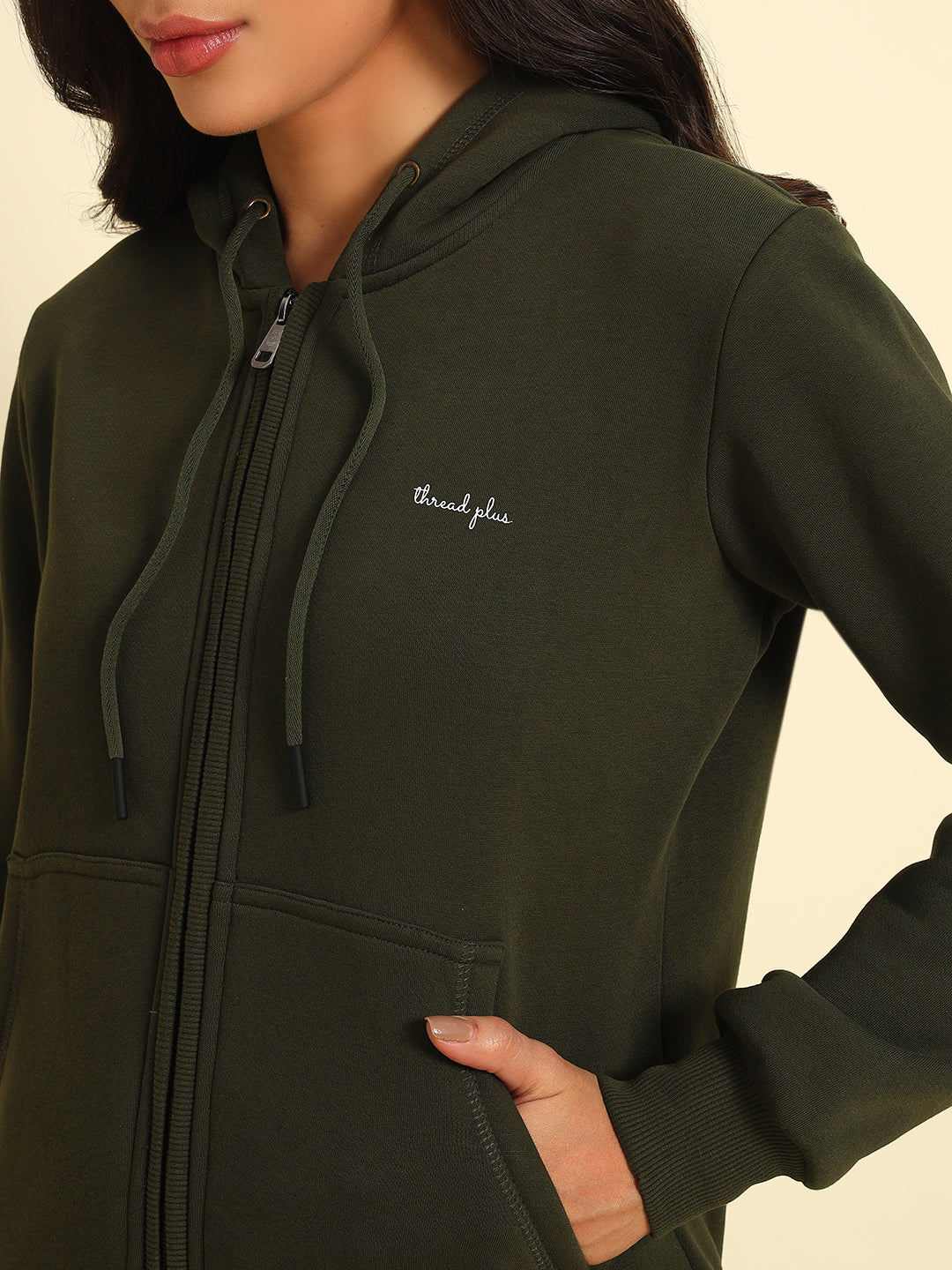 Thread Plus Female Winter Hoodies with Zipper In Dark Mehandi