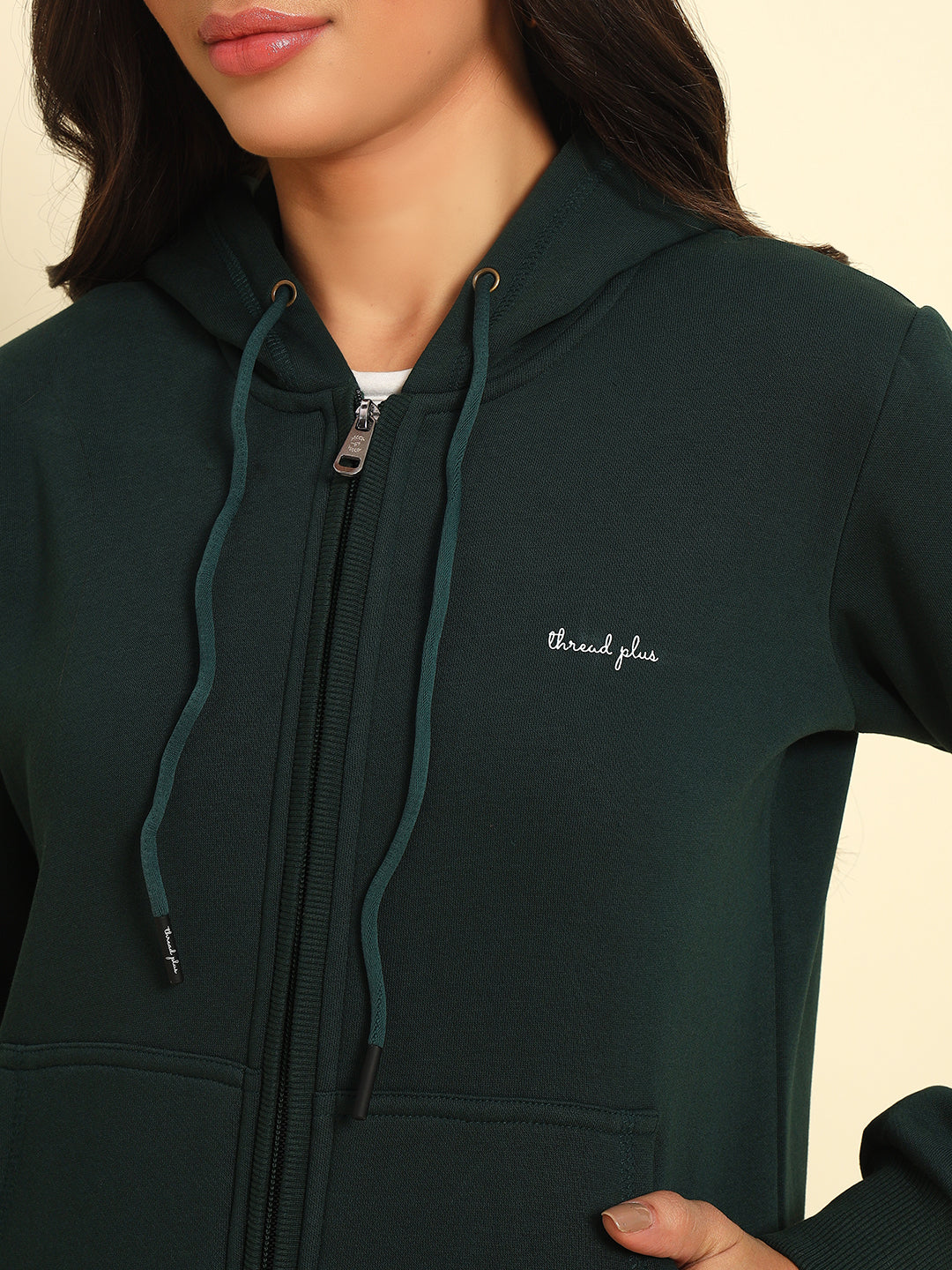 Thread Plus Female Winter Hoodies with Zipper In Bottle Green