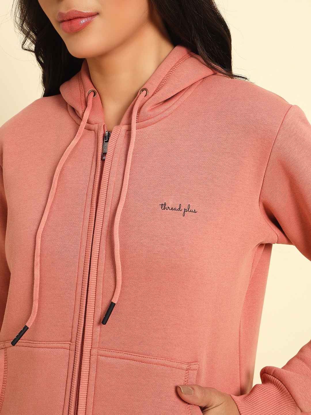 Thread Plus Female Winter Hoodies with Zipper In Onion Pink