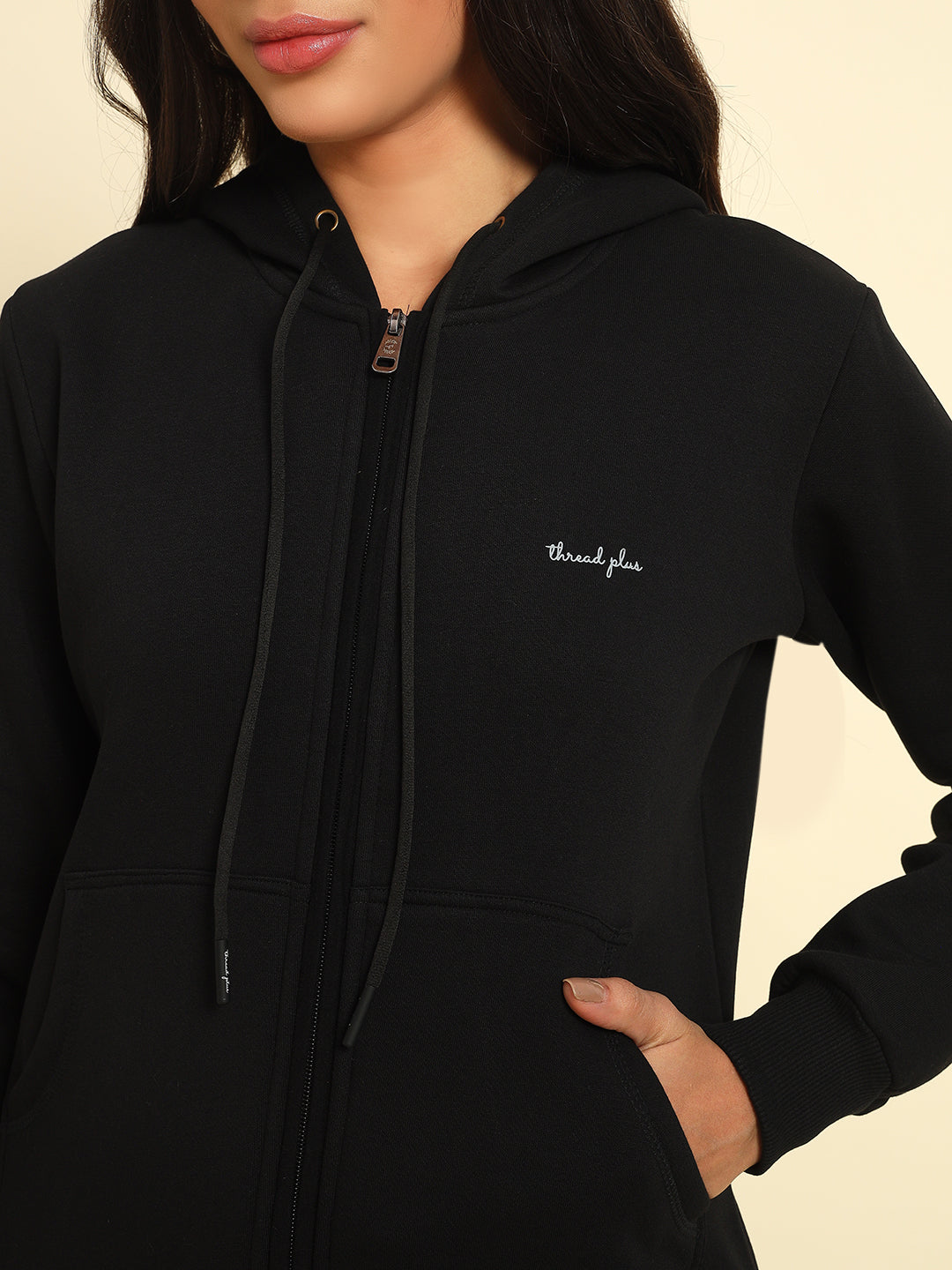 Thread Plus Female Winter Hoodies with Zipper In Black